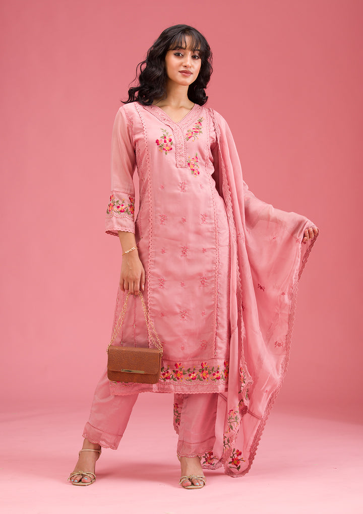 Onion Pink Threadwork Crepe Readymade Salwar Suit
