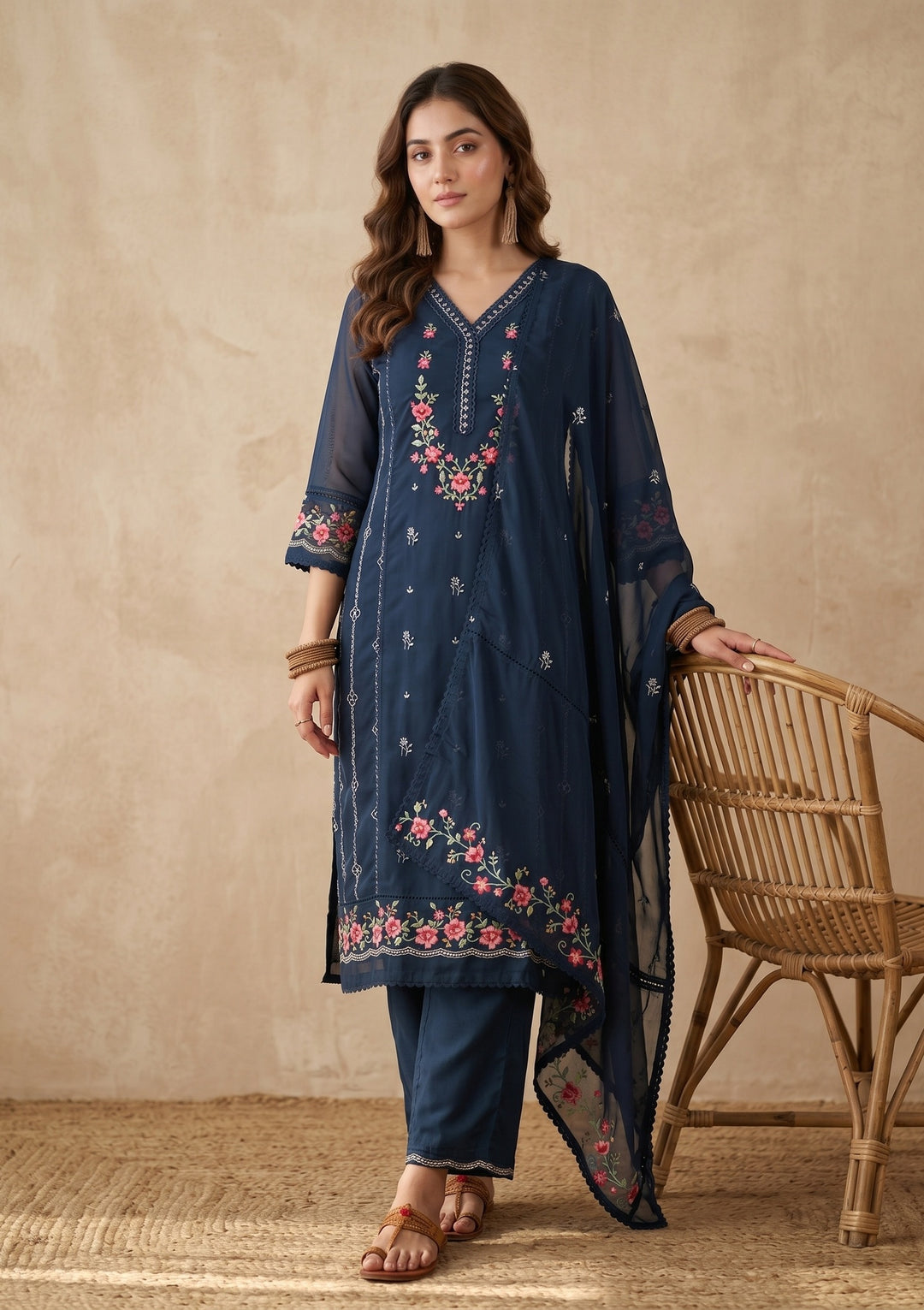 Navy Blue Threadwork Chanderi Readymade Salwar Suit