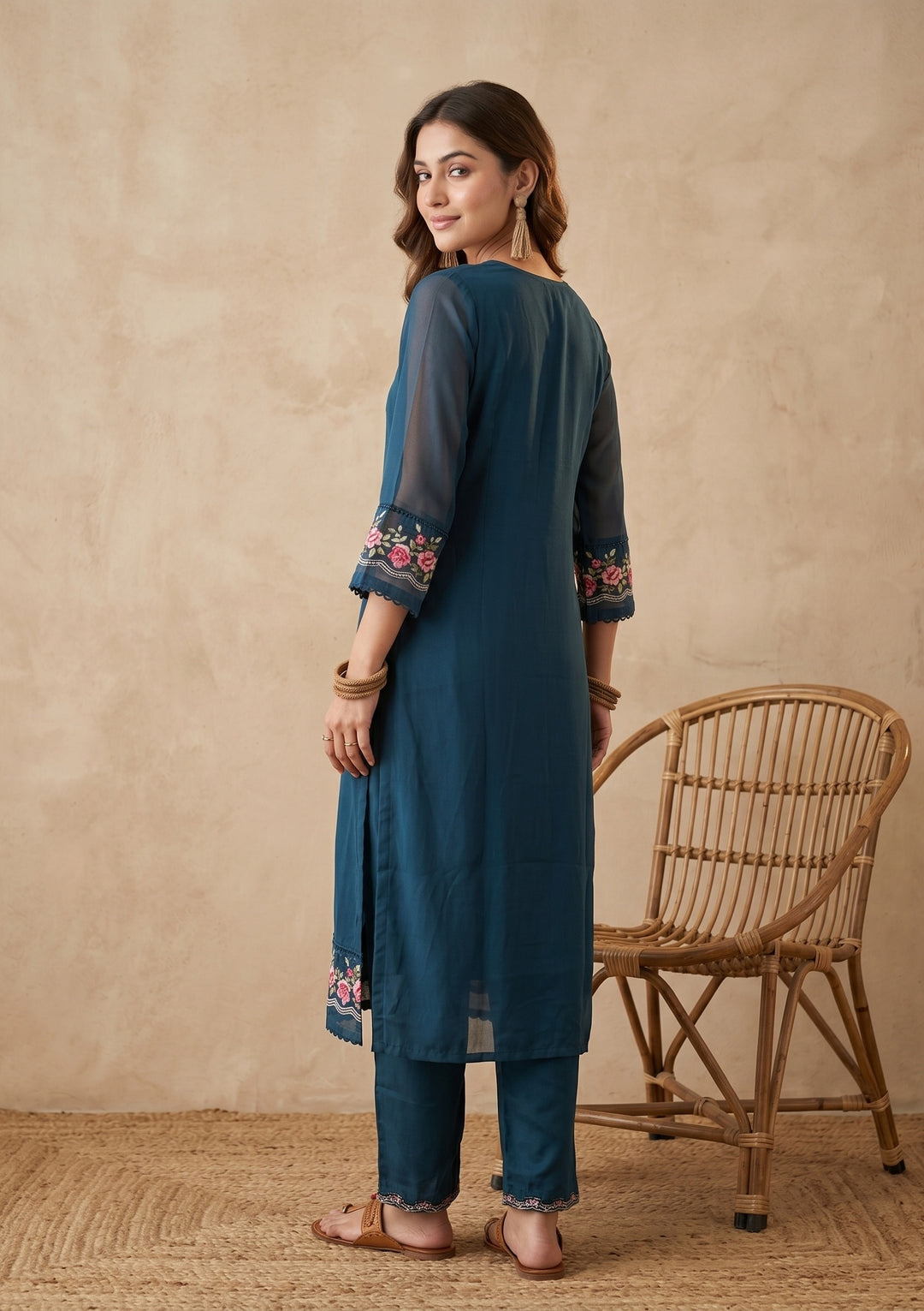 Navy Blue Threadwork Chanderi Readymade Salwar Suit