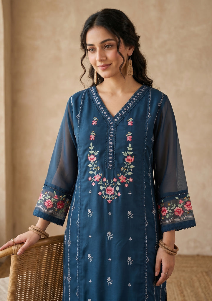 Navy Blue Threadwork Chanderi Readymade Salwar Suit