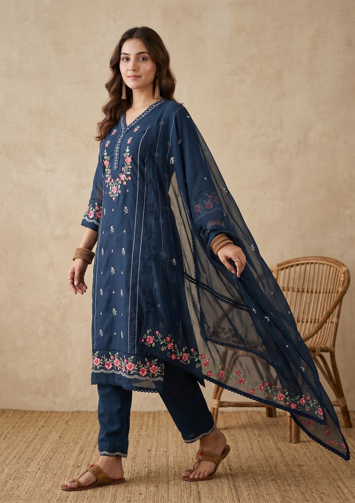 Navy Blue Threadwork Chanderi Readymade Salwar Suit
