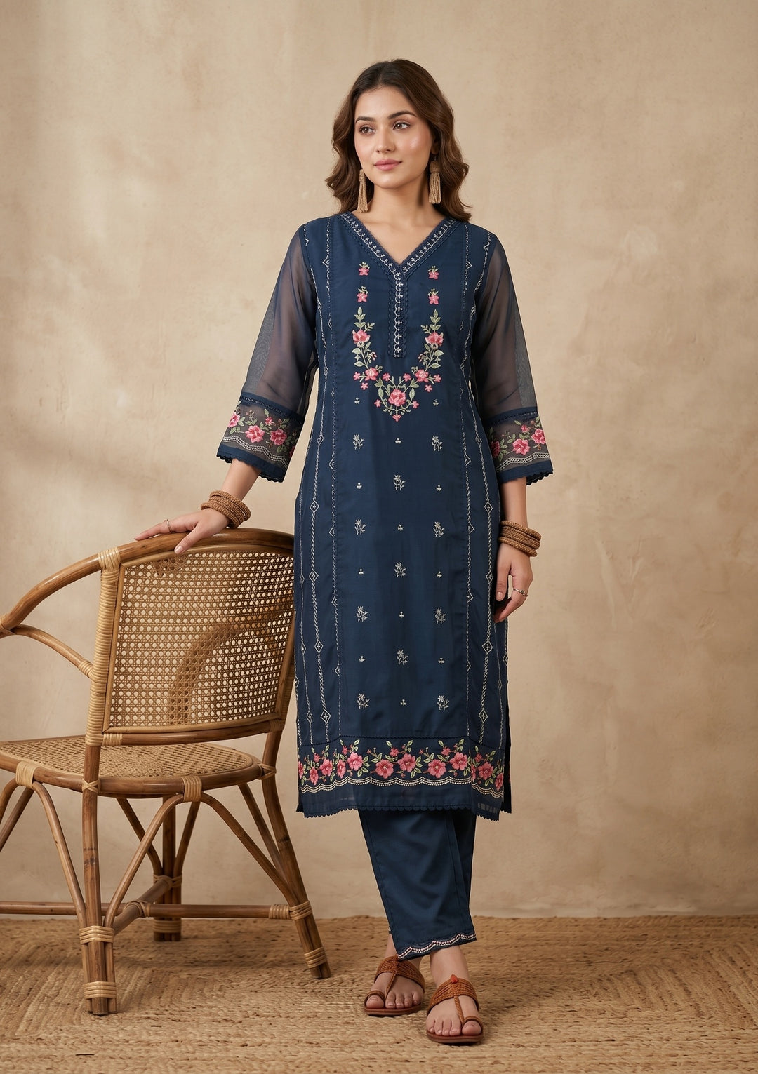 Navy Blue Threadwork Chanderi Readymade Salwar Suit
