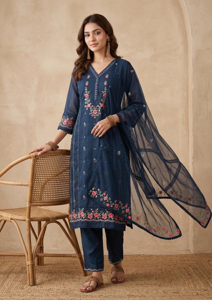 Navy Blue Threadwork Chanderi Readymade Salwar Suit