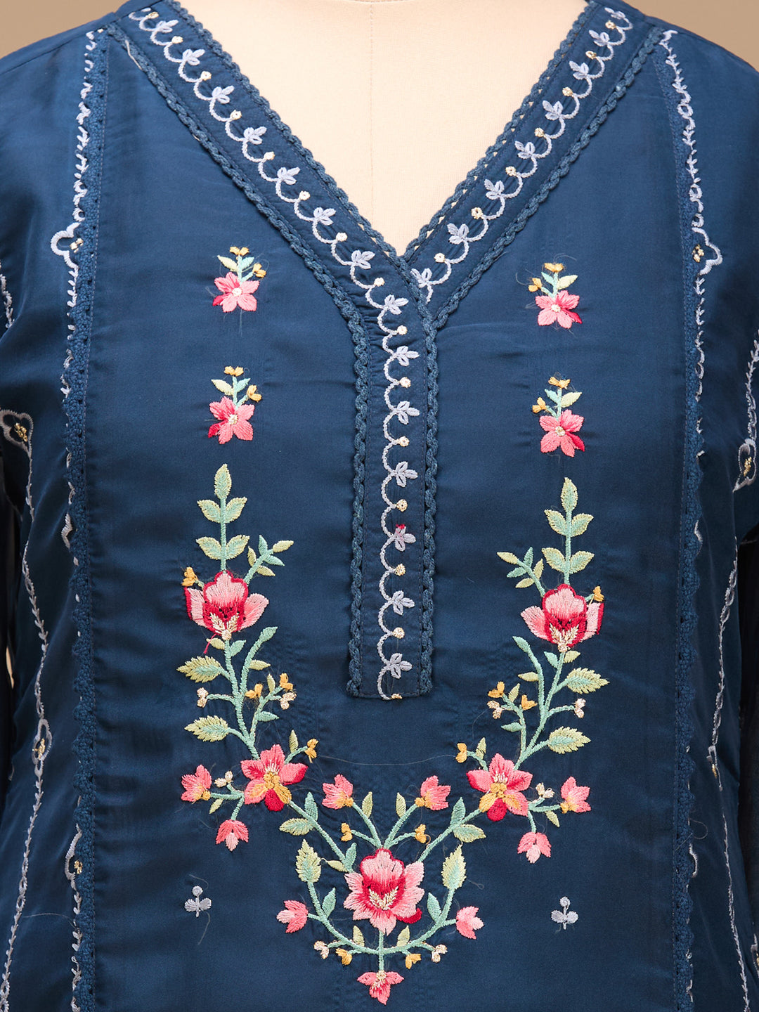 Navy Blue Threadwork Chanderi Readymade Salwar Suit