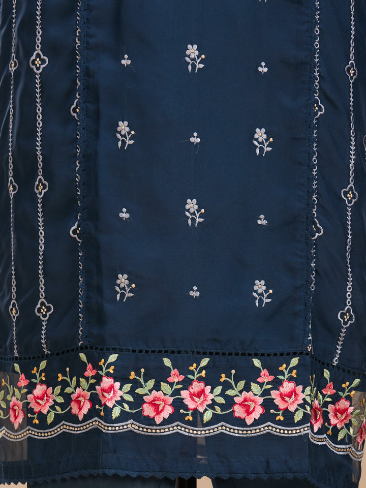 Navy Blue Threadwork Chanderi Readymade Salwar Suit