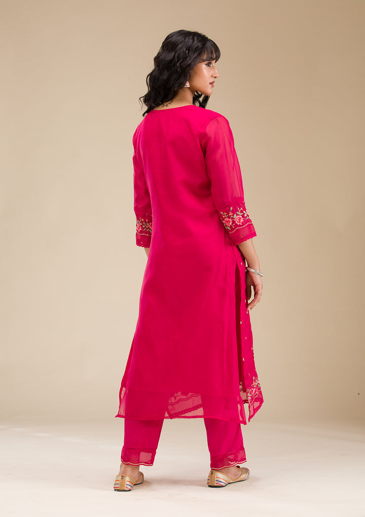 Rani Pink Threadwork Crepe Readymade Salwar Suit