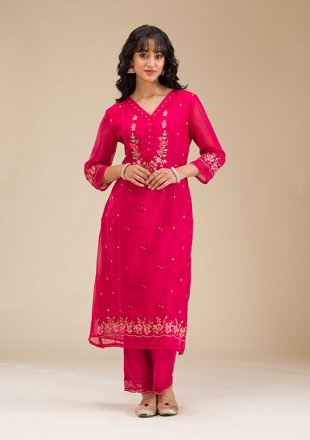 Rani Pink Threadwork Crepe Readymade Salwar Suit