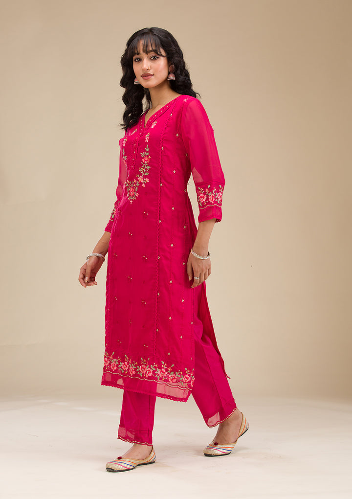 Rani Pink Threadwork Crepe Readymade Salwar Suit