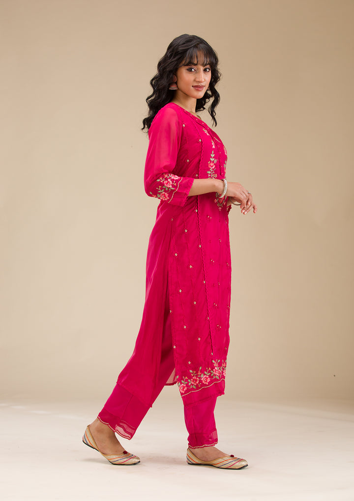 Rani Pink Threadwork Crepe Readymade Salwar Suit