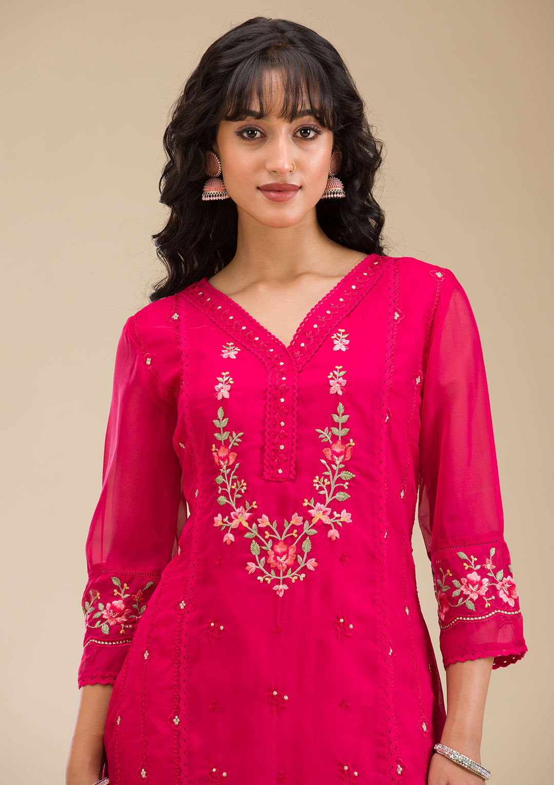 Rani Pink Threadwork Crepe Readymade Salwar Suit