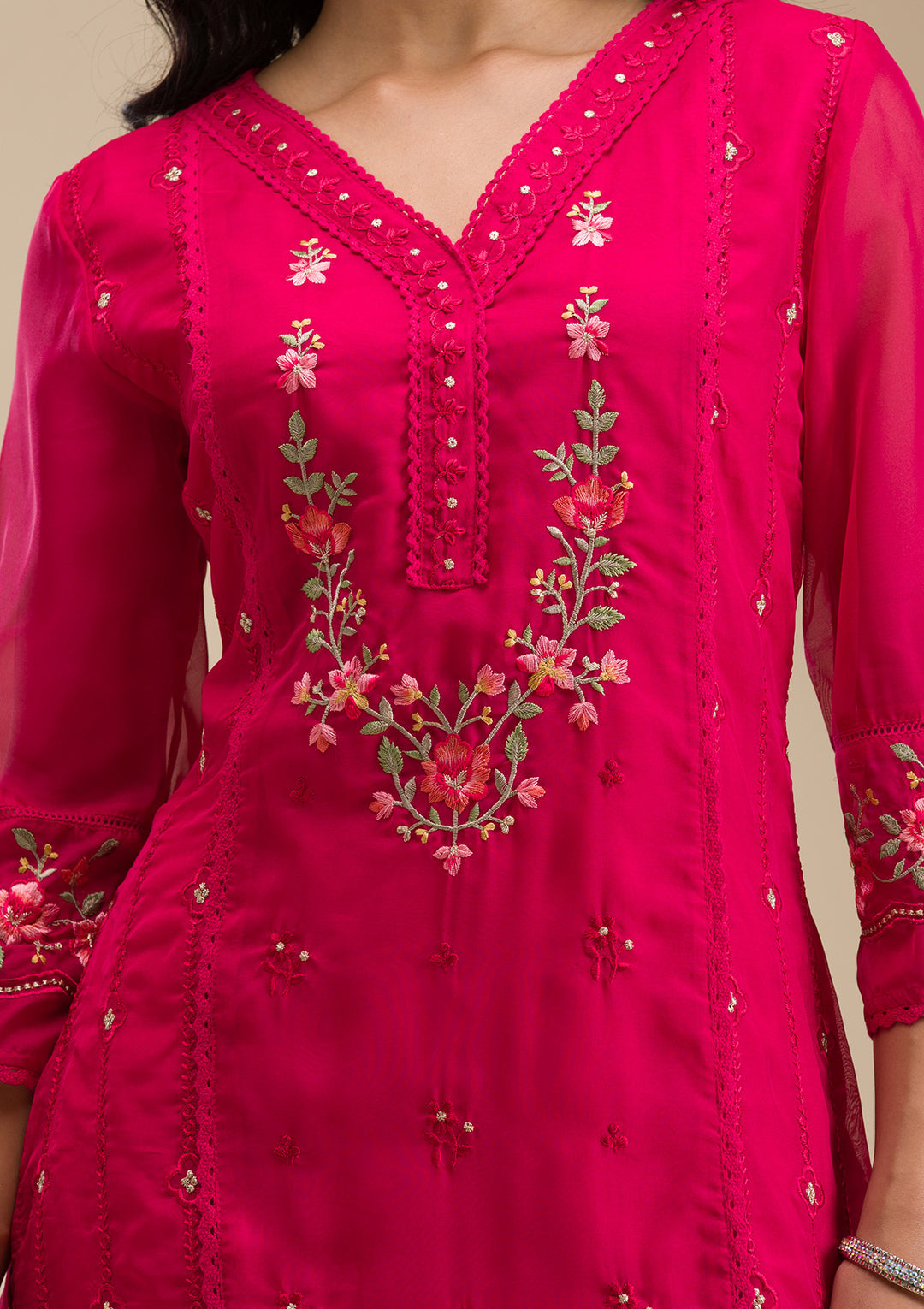 Rani Pink Threadwork Crepe Readymade Salwar Suit