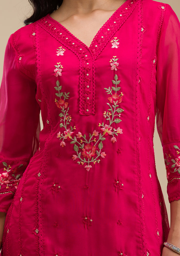 Rani Pink Threadwork Crepe Readymade Salwar Suit
