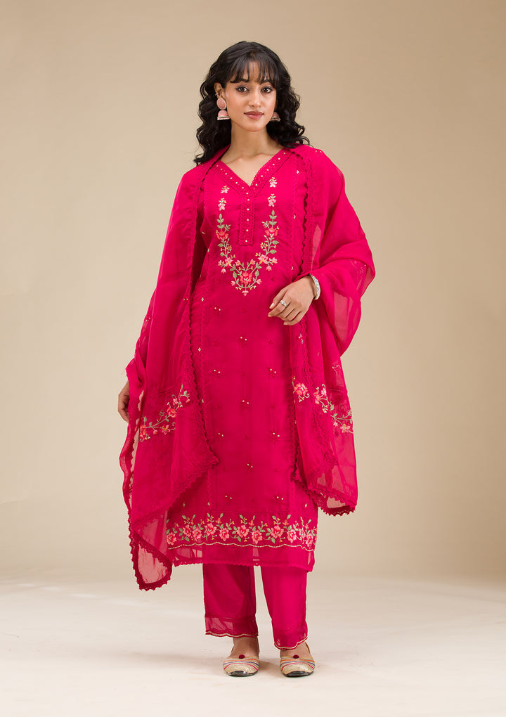 Rani Pink Threadwork Crepe Readymade Salwar Suit