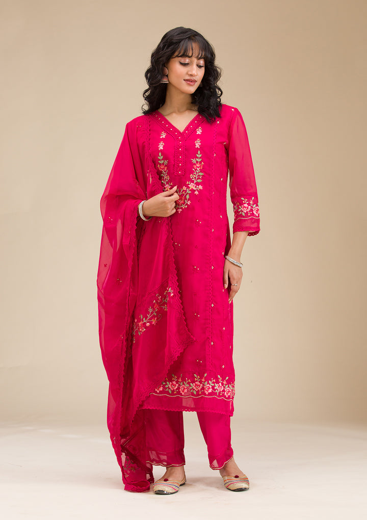 Rani Pink Threadwork Crepe Readymade Salwar Suit