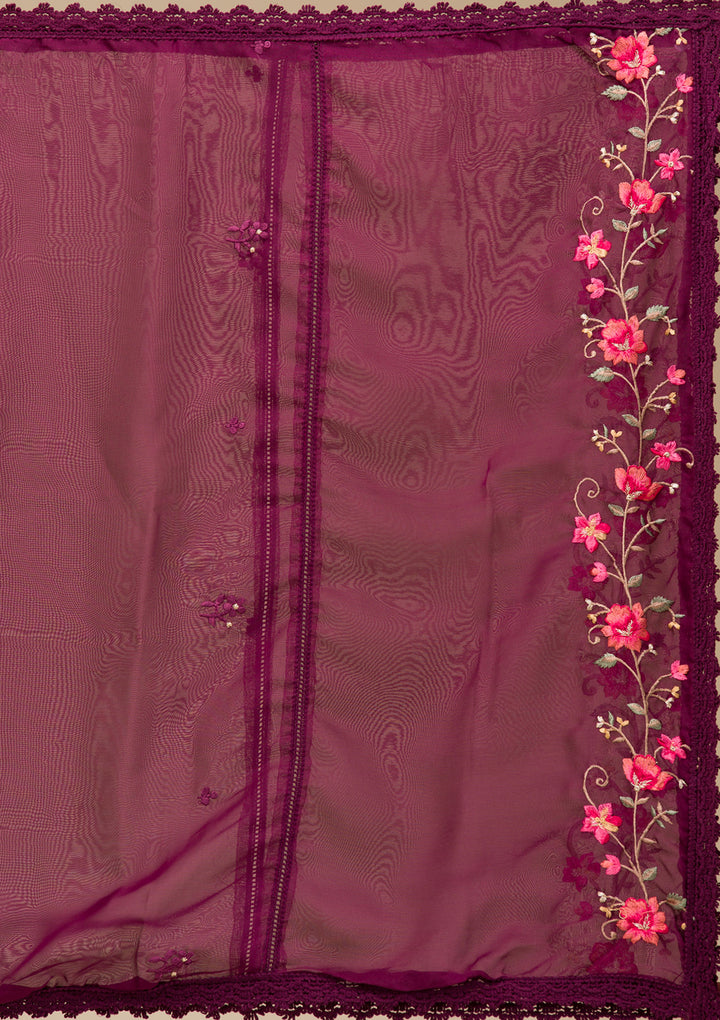 Wine Threadwork Crepe Readymade Salwar Suit