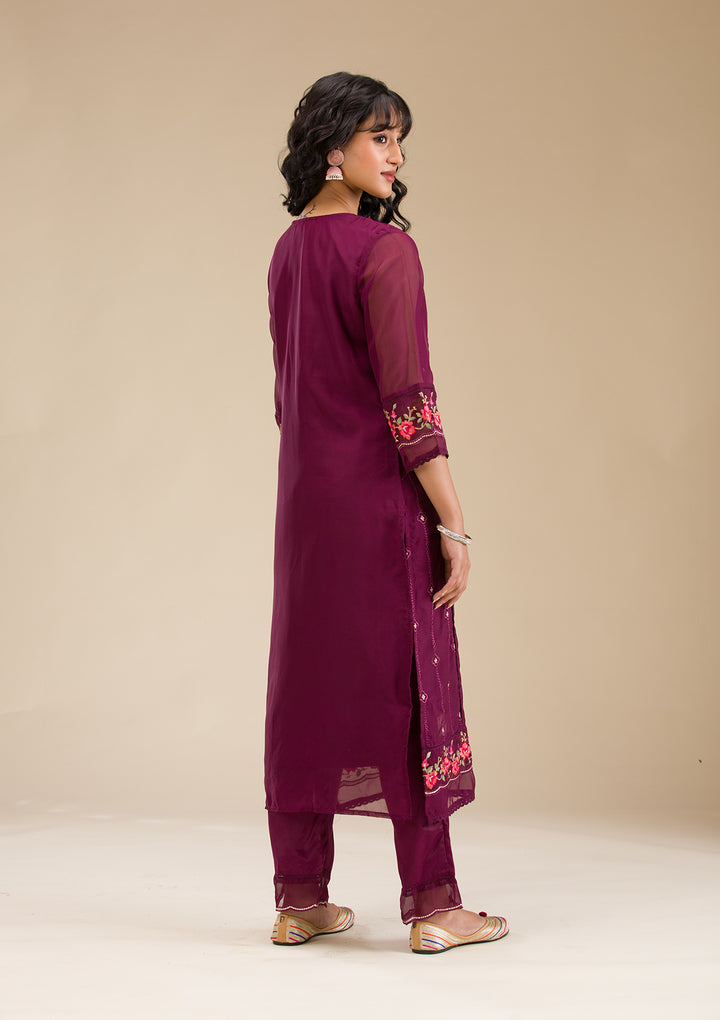 Wine Threadwork Crepe Readymade Salwar Suit