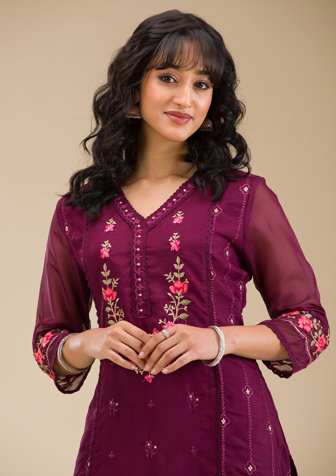 Wine Threadwork Crepe Readymade Salwar Suit