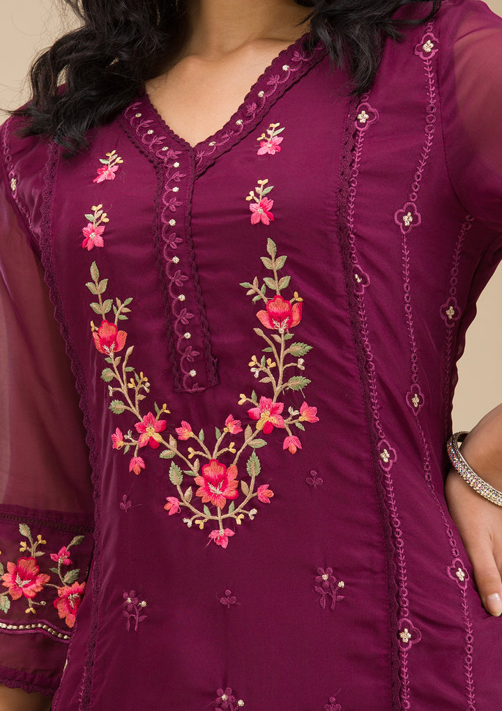 Wine Threadwork Crepe Readymade Salwar Suit