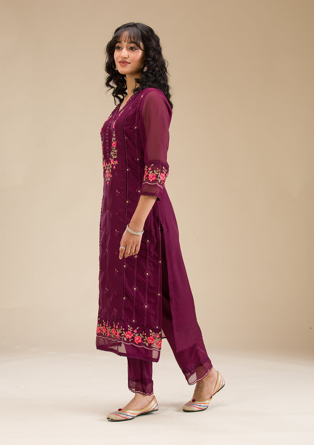 Wine Threadwork Crepe Readymade Salwar Suit