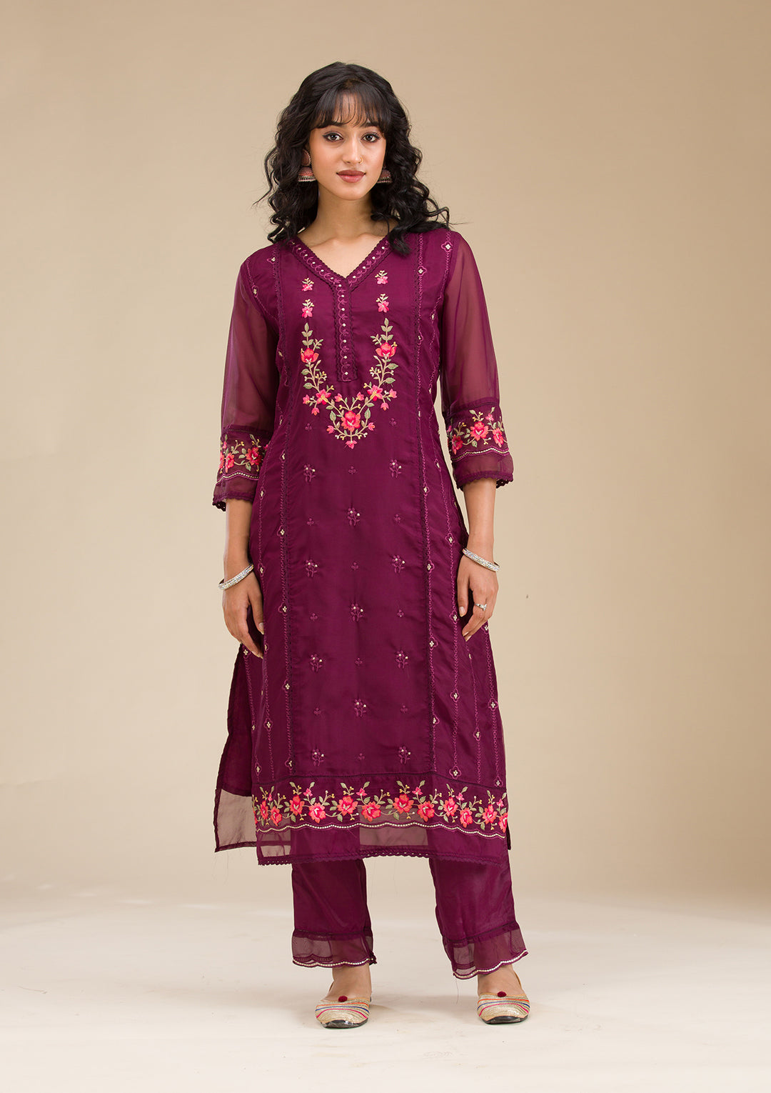 Wine Threadwork Crepe Readymade Salwar Suit