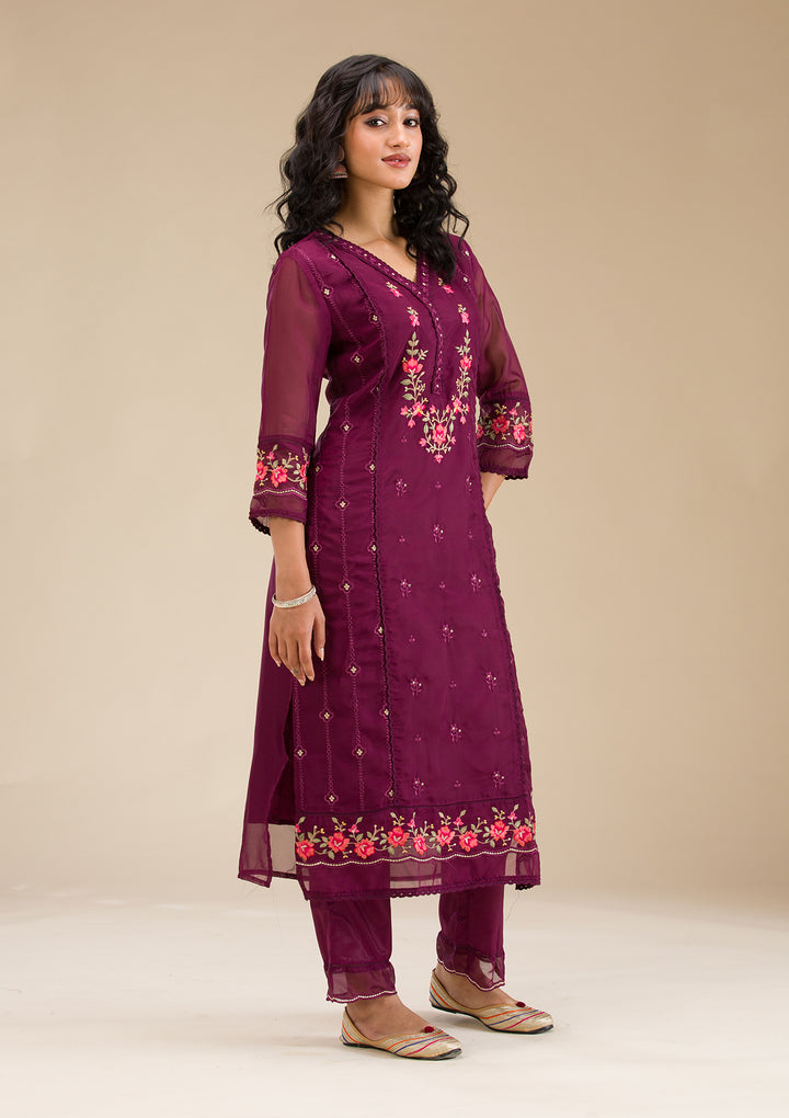Wine Threadwork Crepe Readymade Salwar Suit