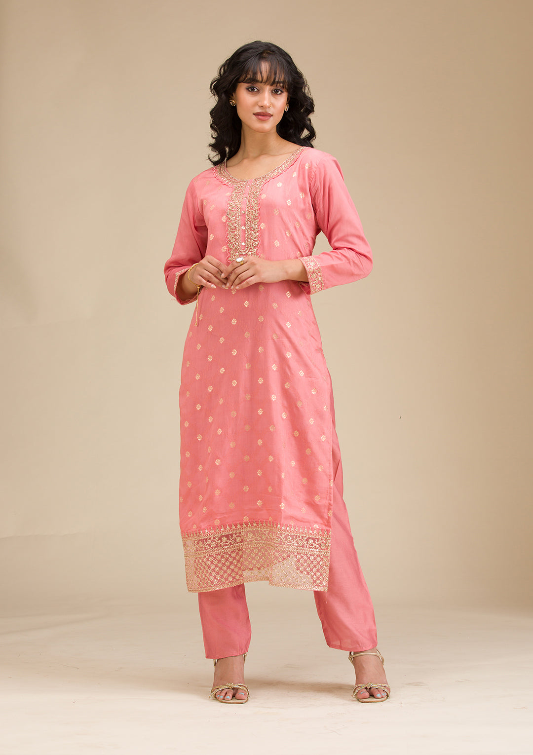 Peach Cording Chanderi Readymade Salwar Suit