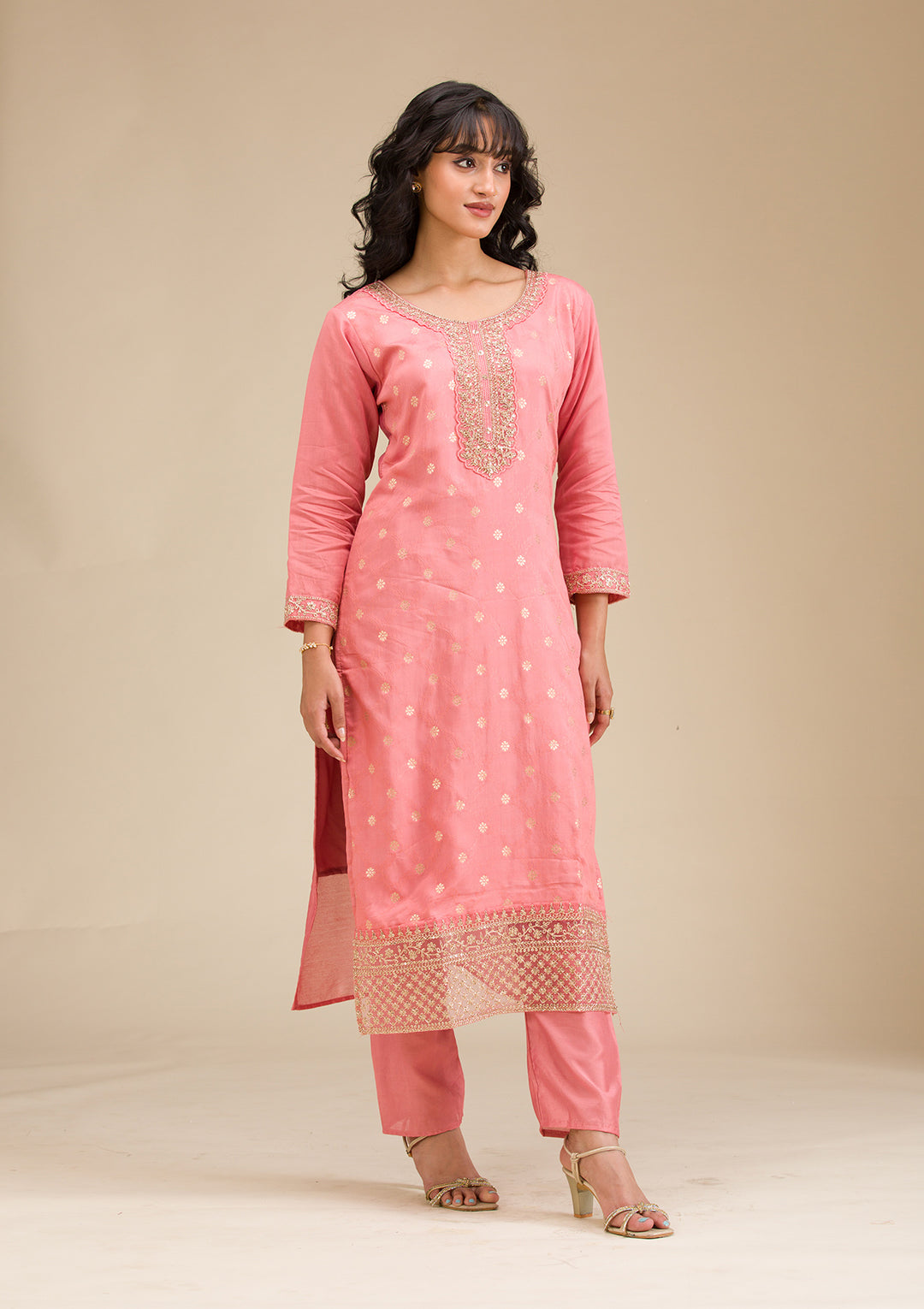 Peach Cording Chanderi Readymade Salwar Suit