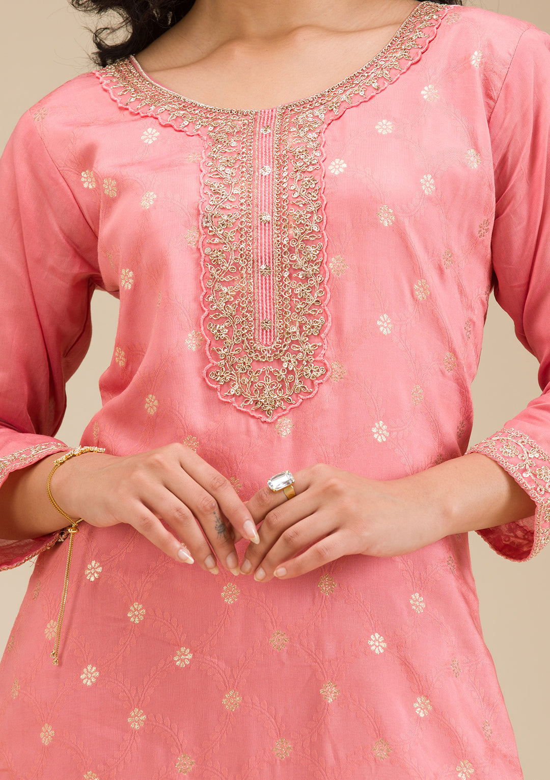 Peach Cording Chanderi Readymade Salwar Suit