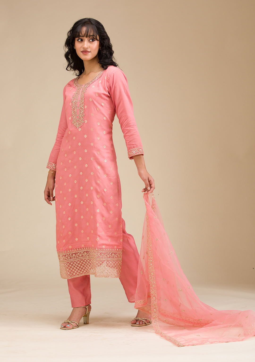 Peach Cording Chanderi Readymade Salwar Suit