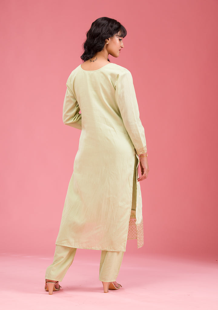 Pista Green Cording Chanderi Readymade Salwar Suit