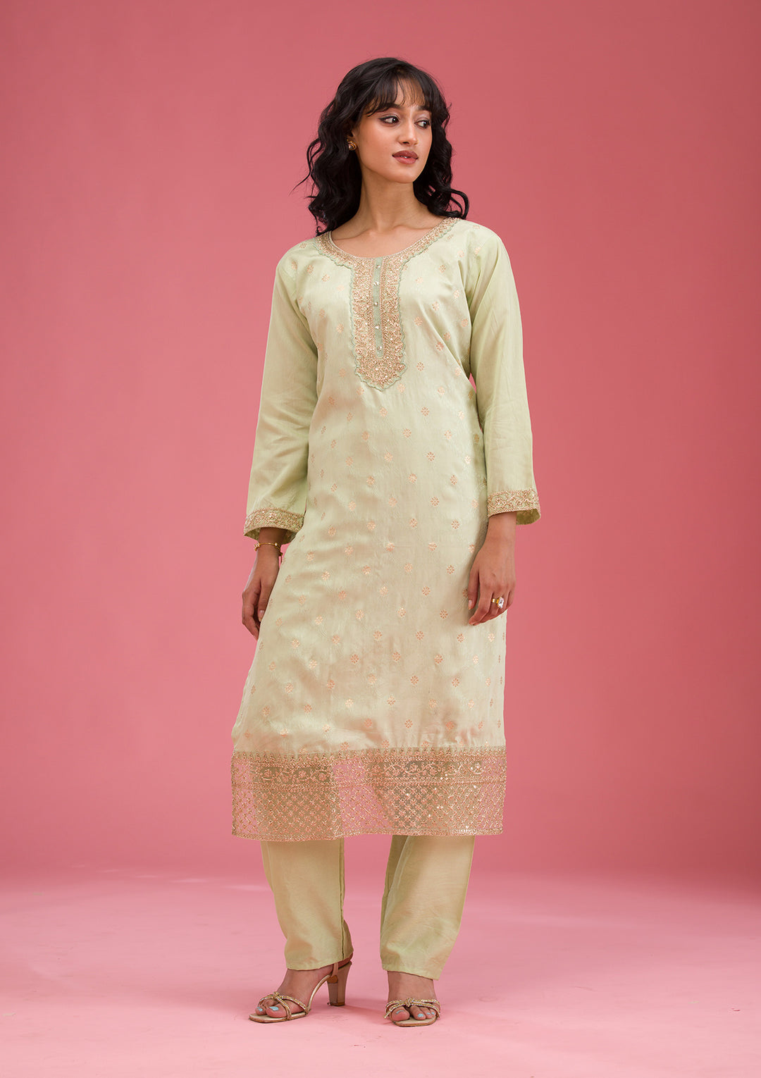 Pista Green Cording Chanderi Readymade Salwar Suit