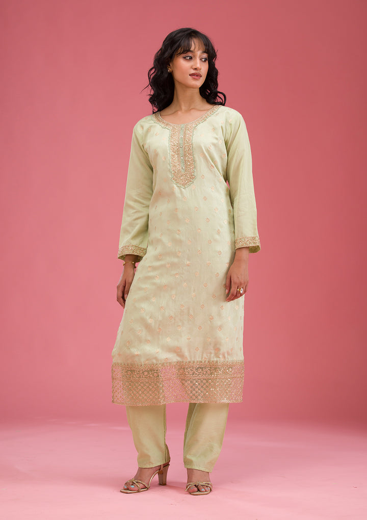 Pista Green Cording Chanderi Readymade Salwar Suit