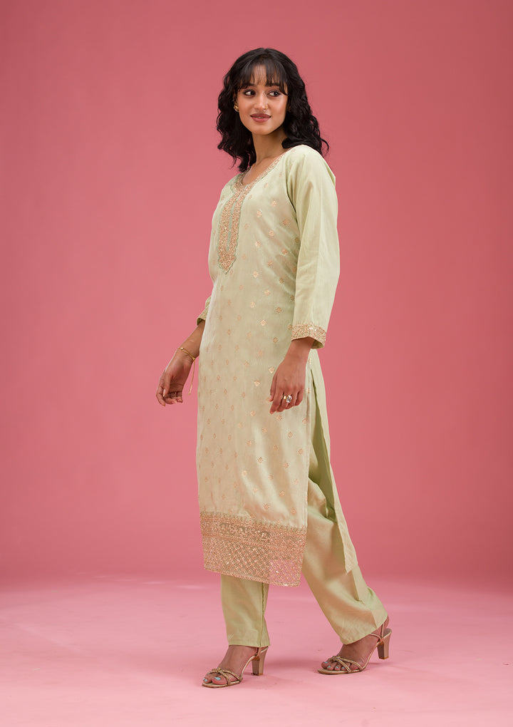 Pista Green Cording Chanderi Readymade Salwar Suit
