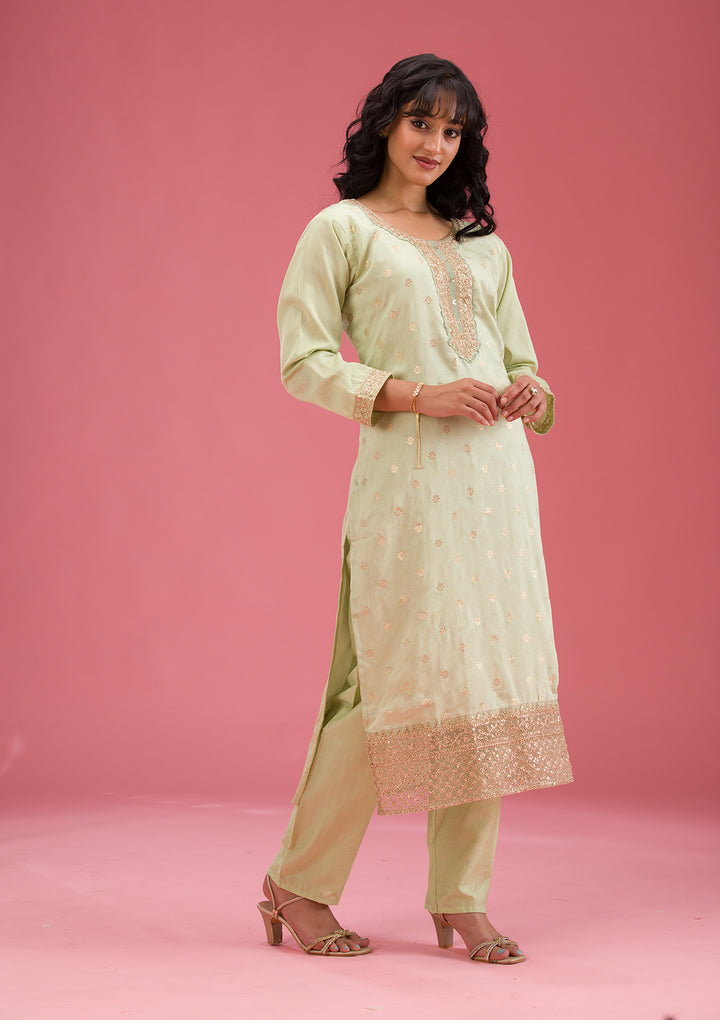 Pista Green Cording Chanderi Readymade Salwar Suit