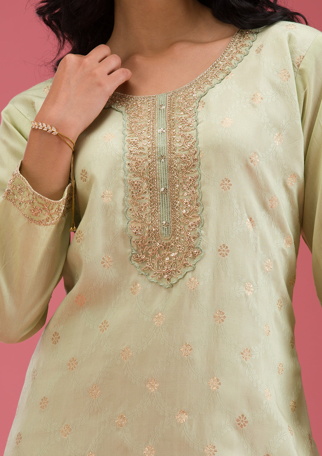 Pista Green Cording Chanderi Readymade Salwar Suit