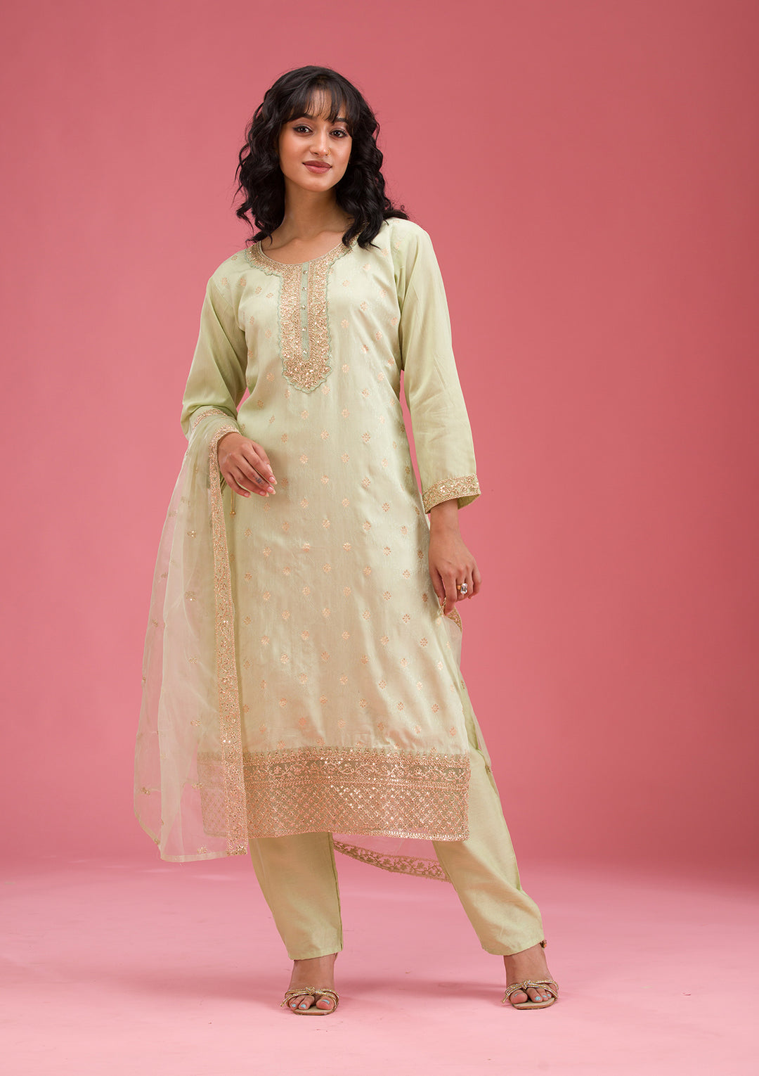 Pista Green Cording Chanderi Readymade Salwar Suit