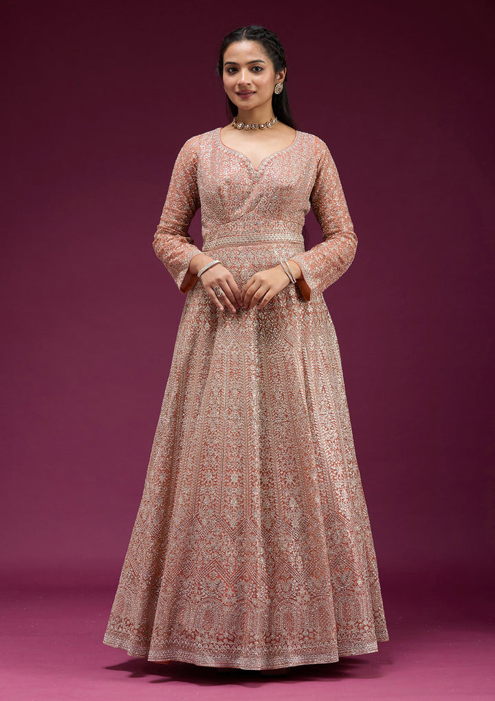 Orange Zariwork (Gold) Net Readymade Anarkali Suit