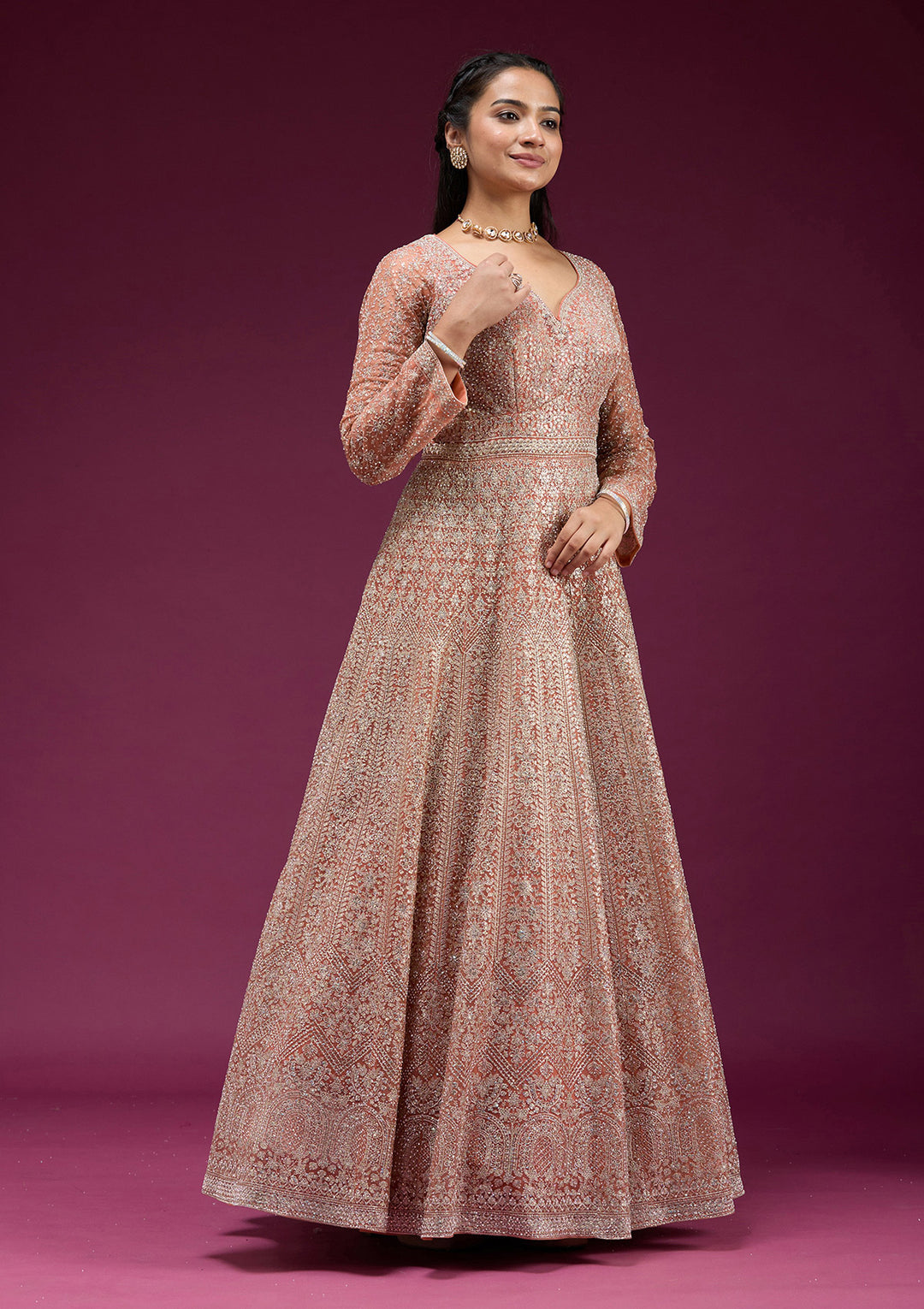 Orange Zariwork (Gold) Net Readymade Anarkali Suit