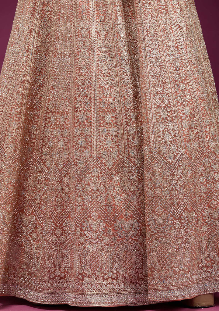 Orange Zariwork (Gold) Net Readymade Anarkali Suit