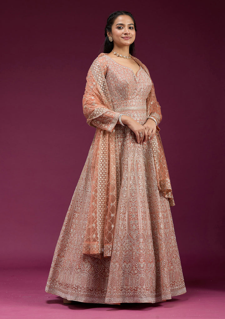 Orange Zariwork (Gold) Net Readymade Anarkali Suit