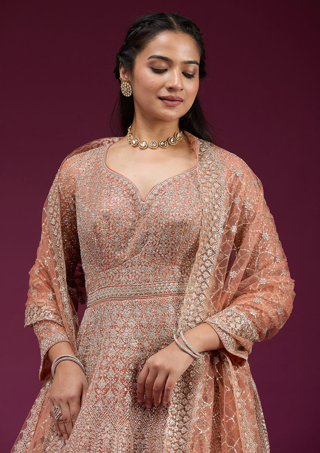 Orange Zariwork (Gold) Net Readymade Anarkali Suit