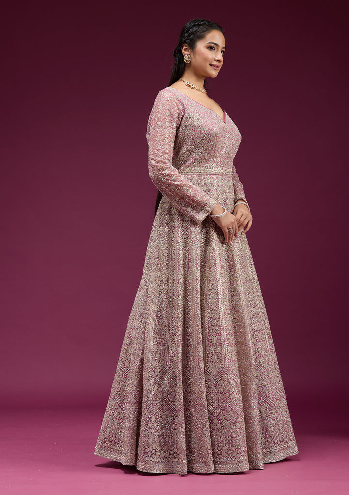 Pink Net Gold Zariwork Anarkali Kurta With Bottom And Dupatta