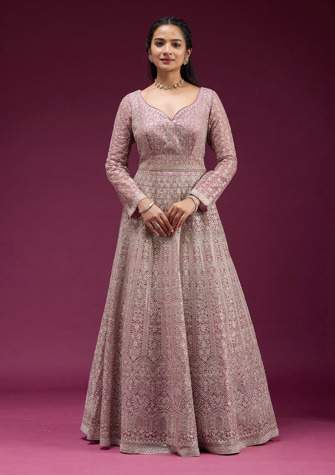 Pink Net Gold Zariwork Anarkali Kurta With Bottom And Dupatta