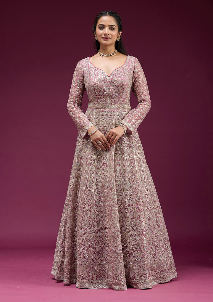 Pink Net Gold Zariwork Anarkali Kurta With Bottom And Dupatta