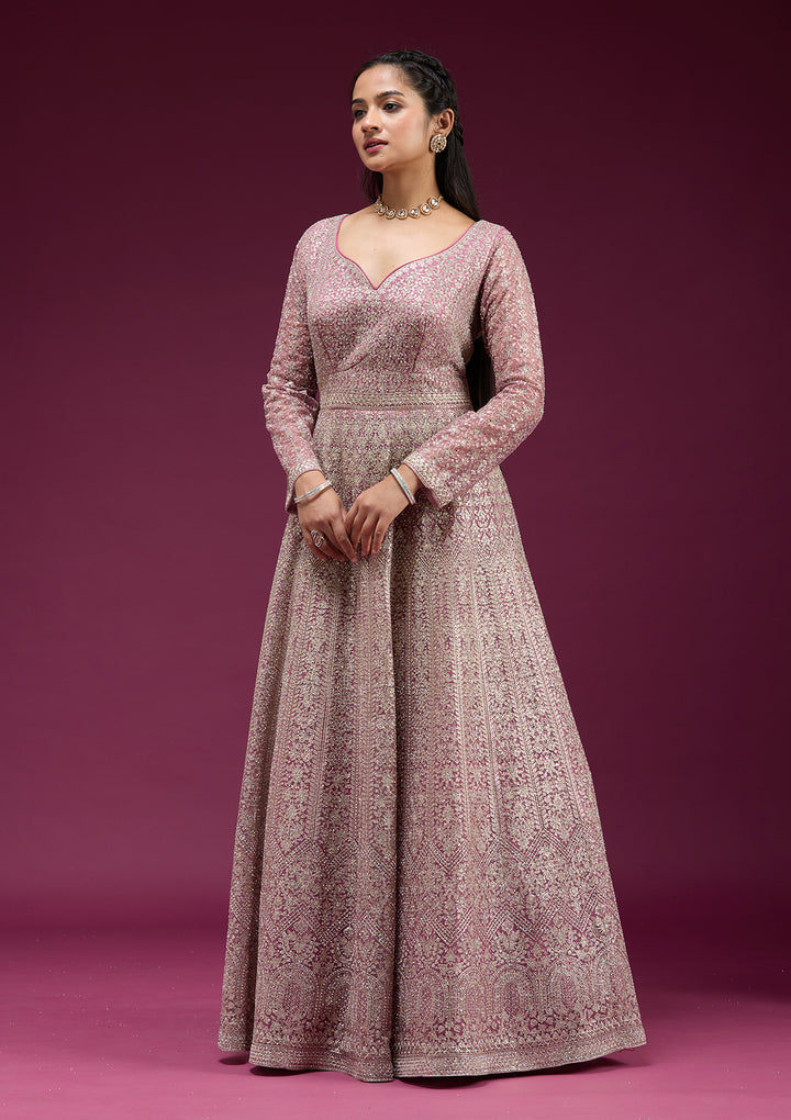 Pink Net Gold Zariwork Anarkali Kurta With Bottom And Dupatta