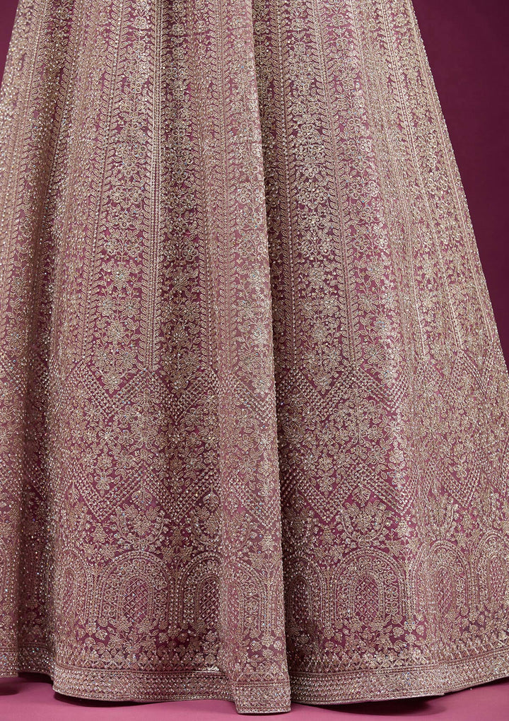 Pink Net Gold Zariwork Anarkali Kurta With Bottom And Dupatta