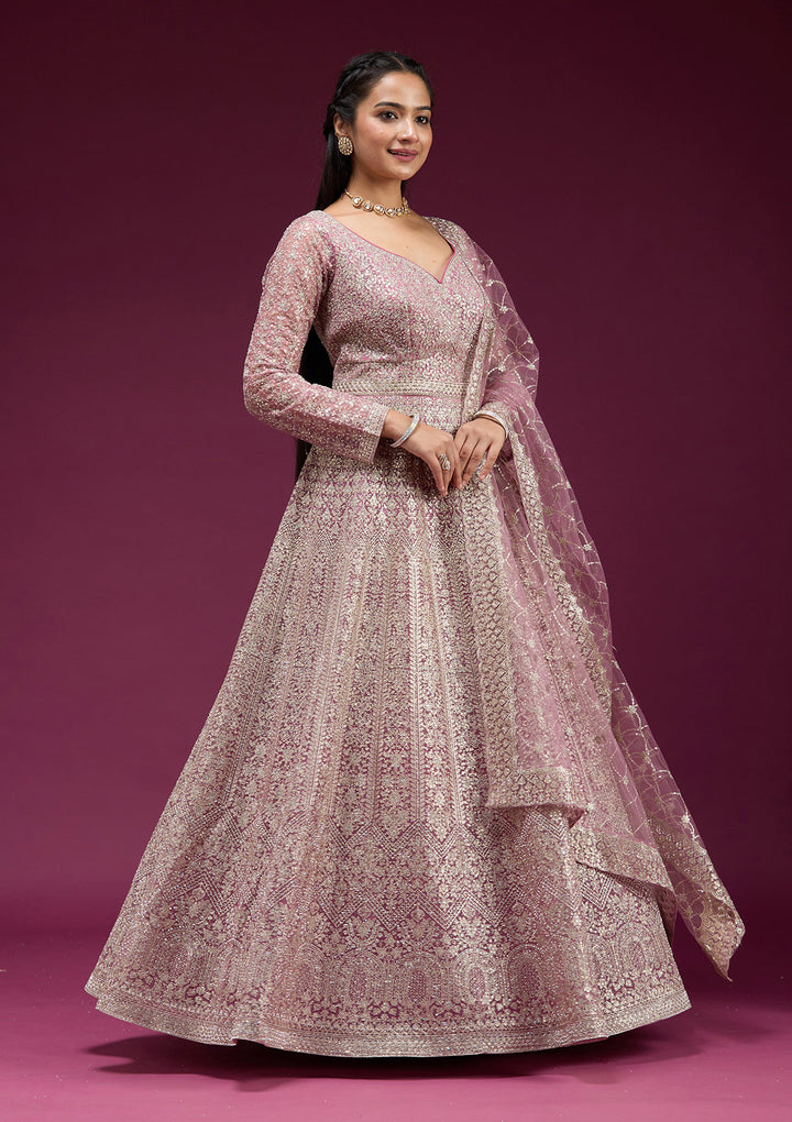 Pink Net Gold Zariwork Anarkali Kurta With Bottom And Dupatta
