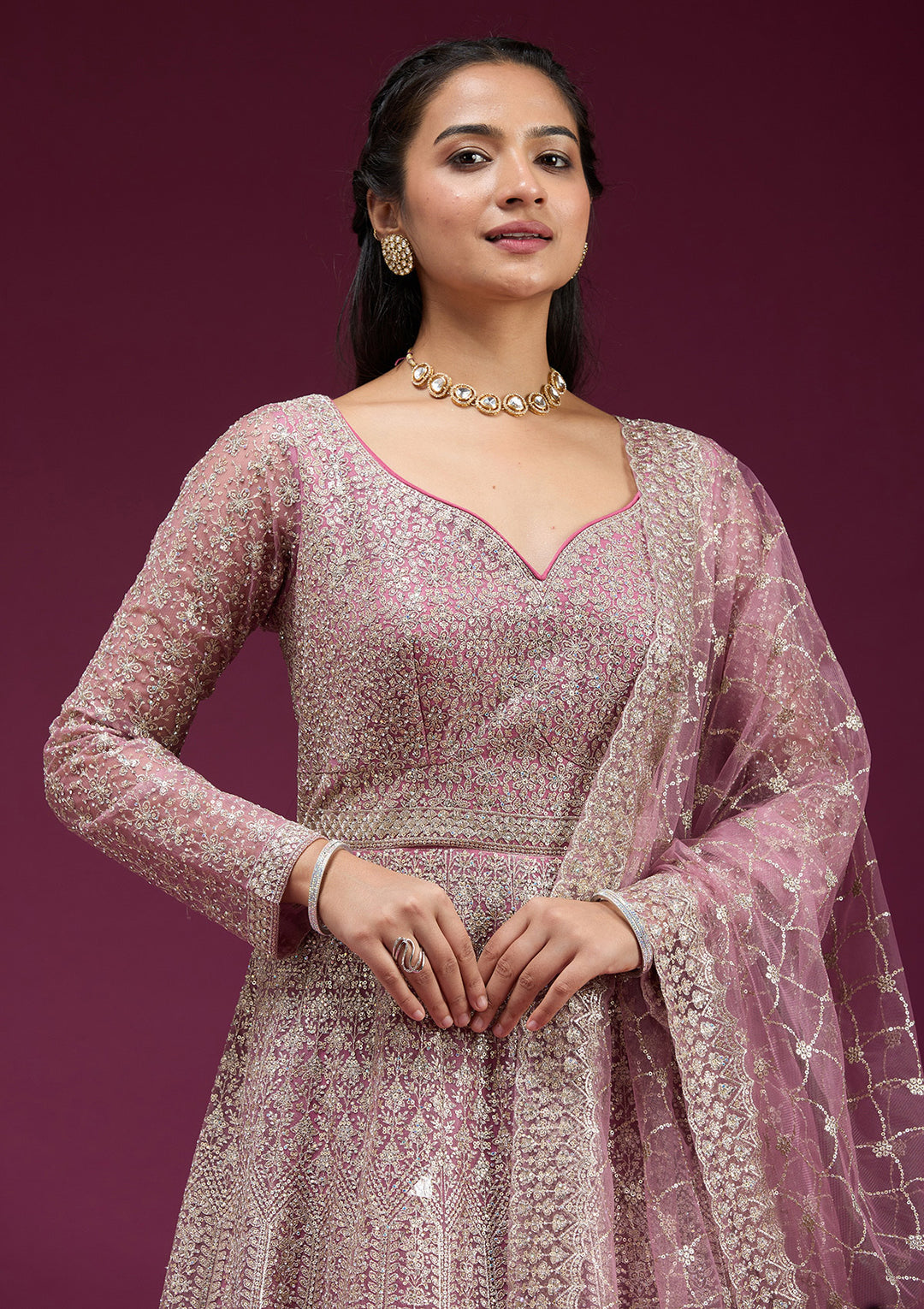 Pink Net Gold Zariwork Anarkali Kurta With Bottom And Dupatta