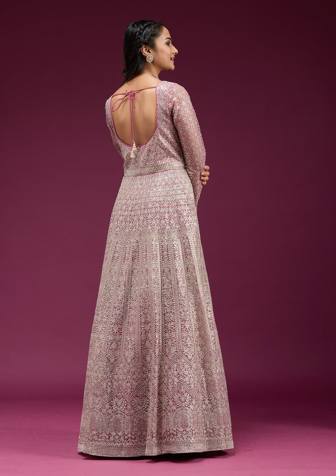 Pink Net Gold Zariwork Anarkali Kurta With Bottom And Dupatta