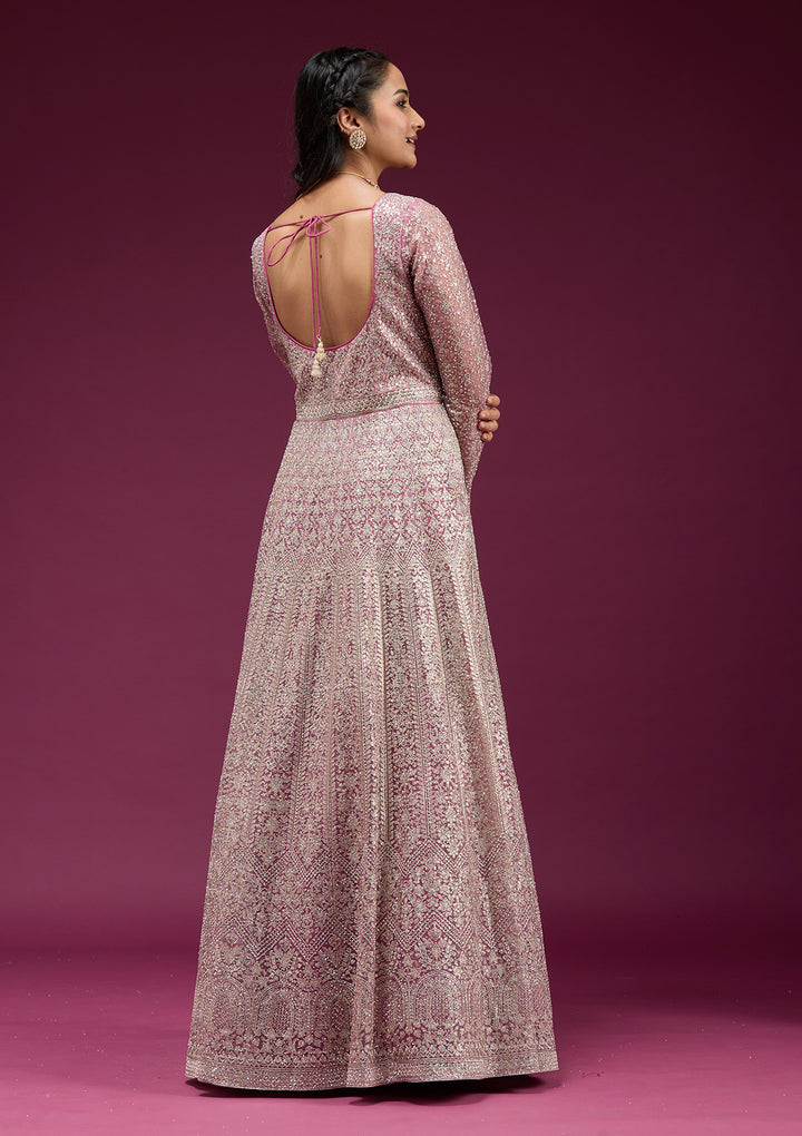 Pink Net Gold Zariwork Anarkali Kurta With Bottom And Dupatta